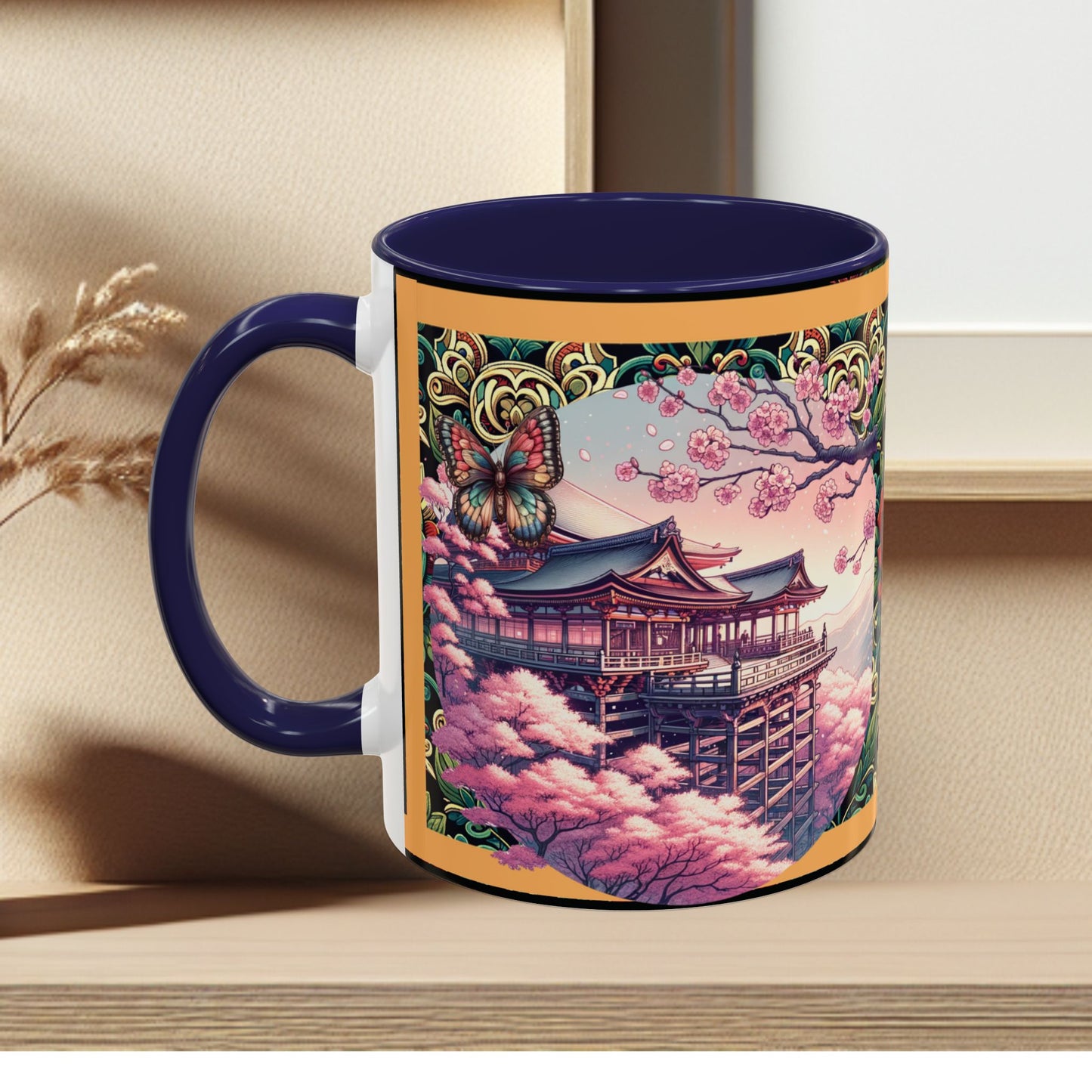 Mug - Sakura Butterfly Coffee Mug with Cherry Blossoms and a Rose