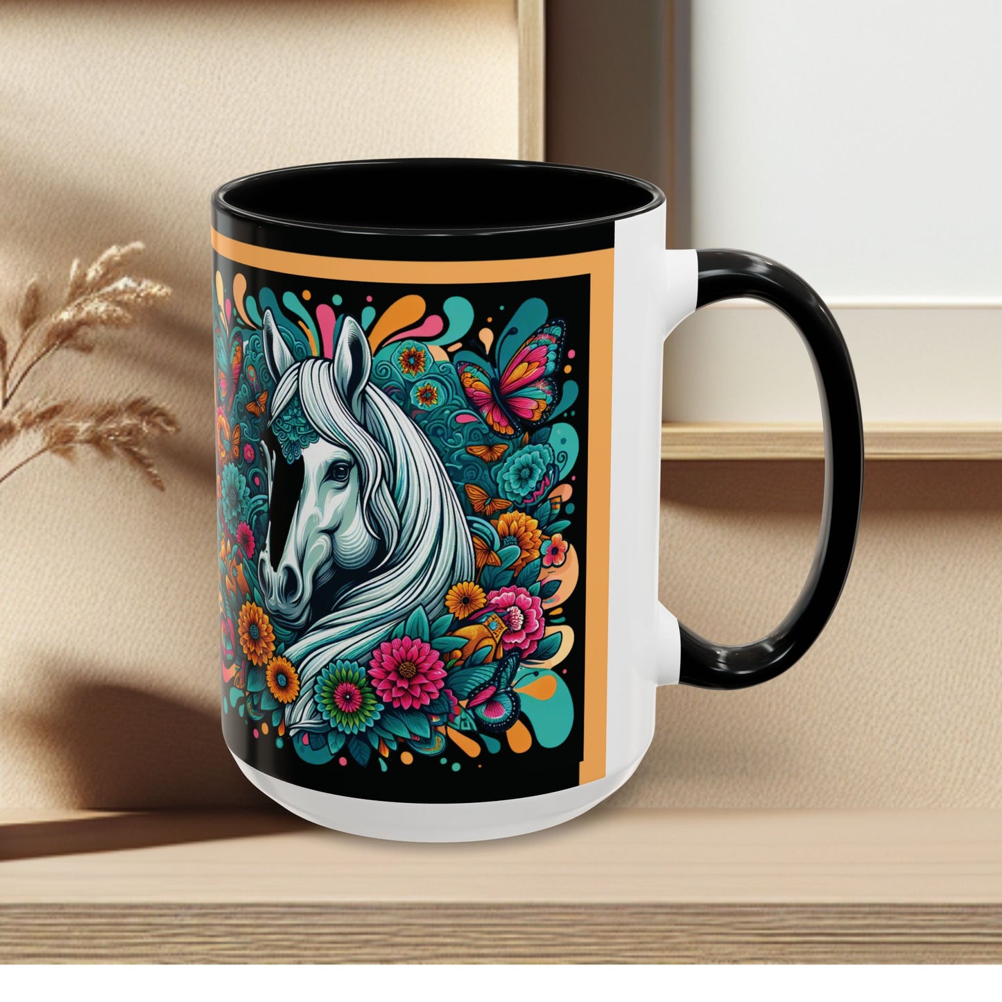 Coffee Mug White Horses with Blue Highlights in Flowers - Mug