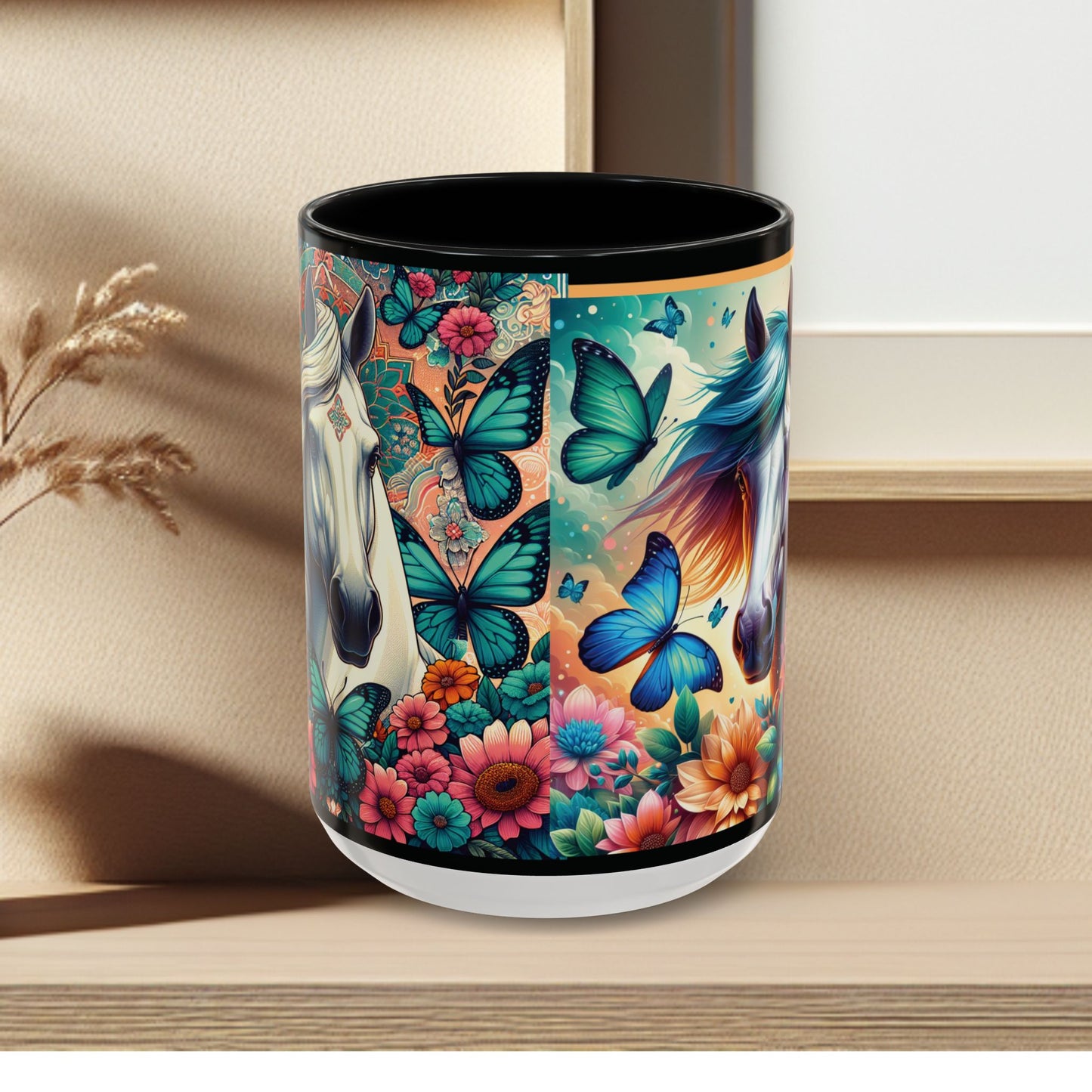 Coffee Mug Horses, Flowers, and Butterflies Mug