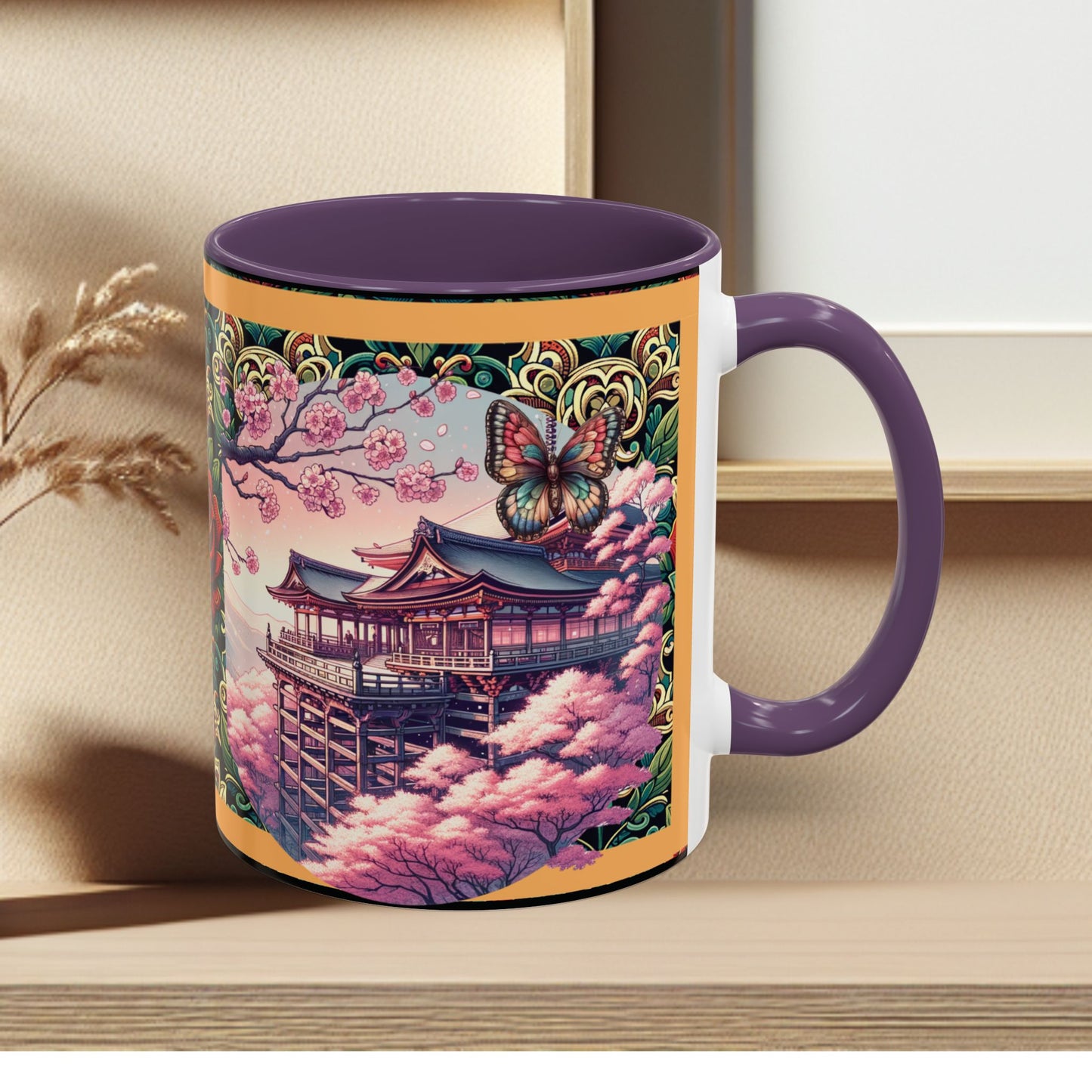 Mug - Sakura Butterfly Coffee Mug with Cherry Blossoms and a Rose