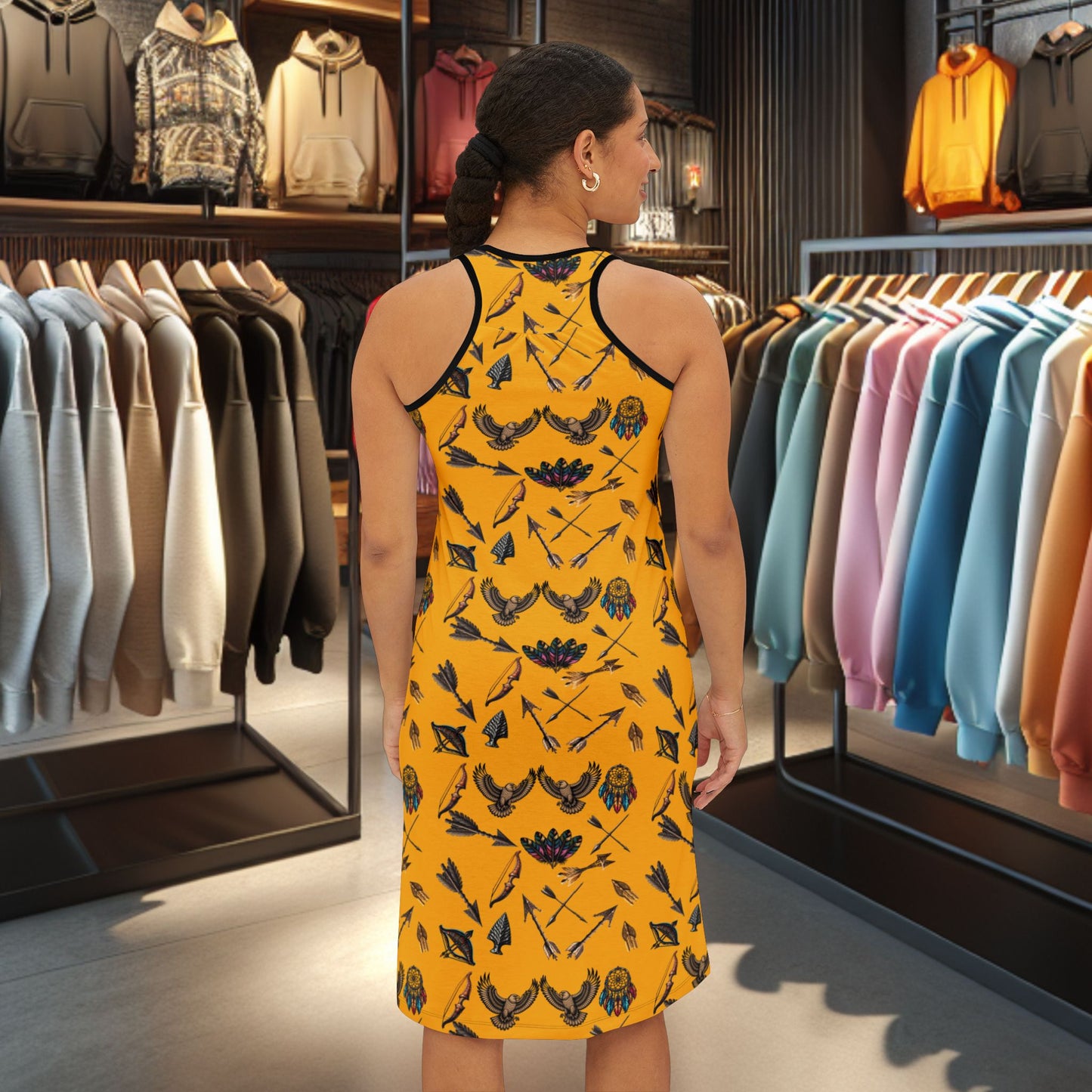 Native Hunting Print Racerback Dress Yellow