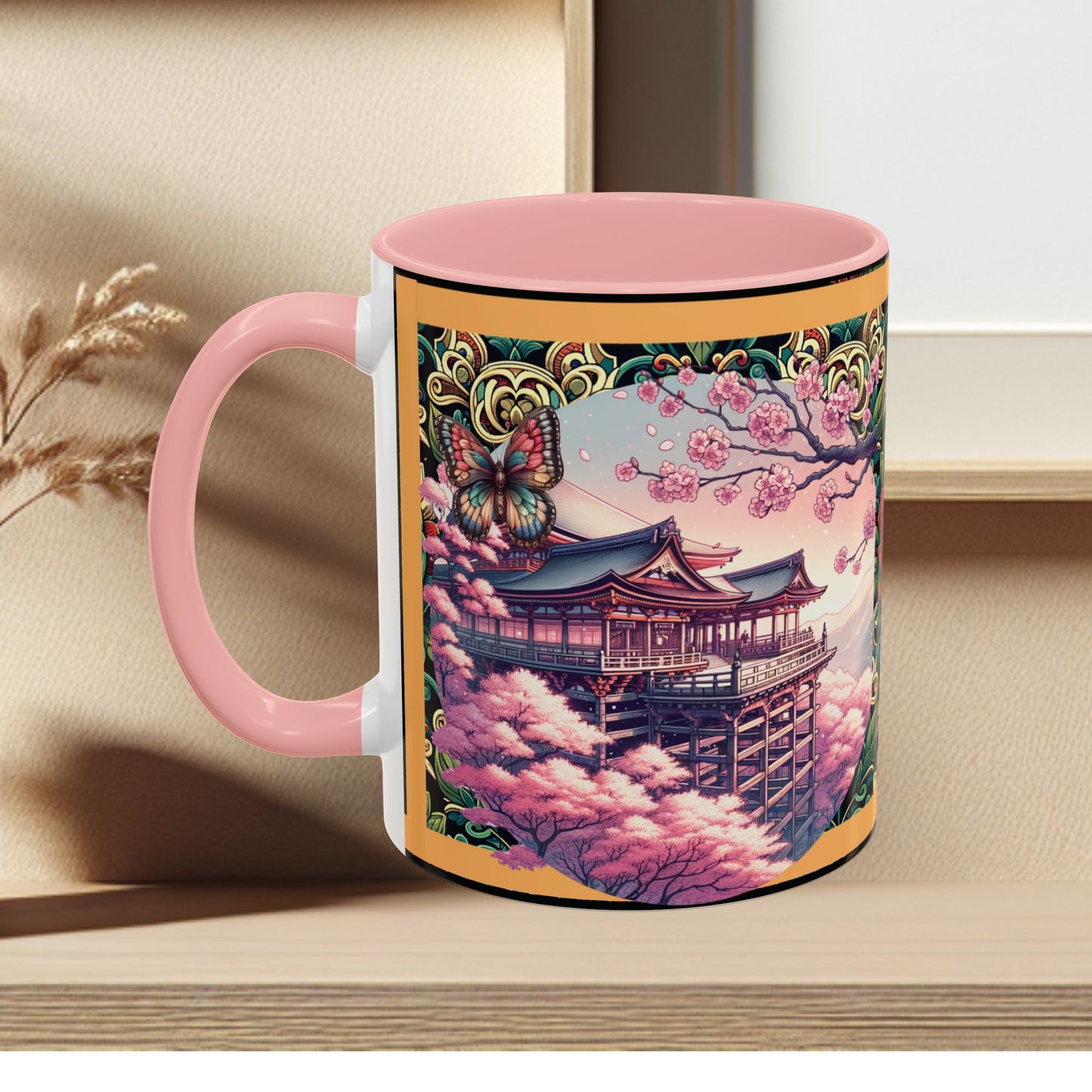 Mug - Sakura Butterfly Coffee Mug with Cherry Blossoms and a Rose