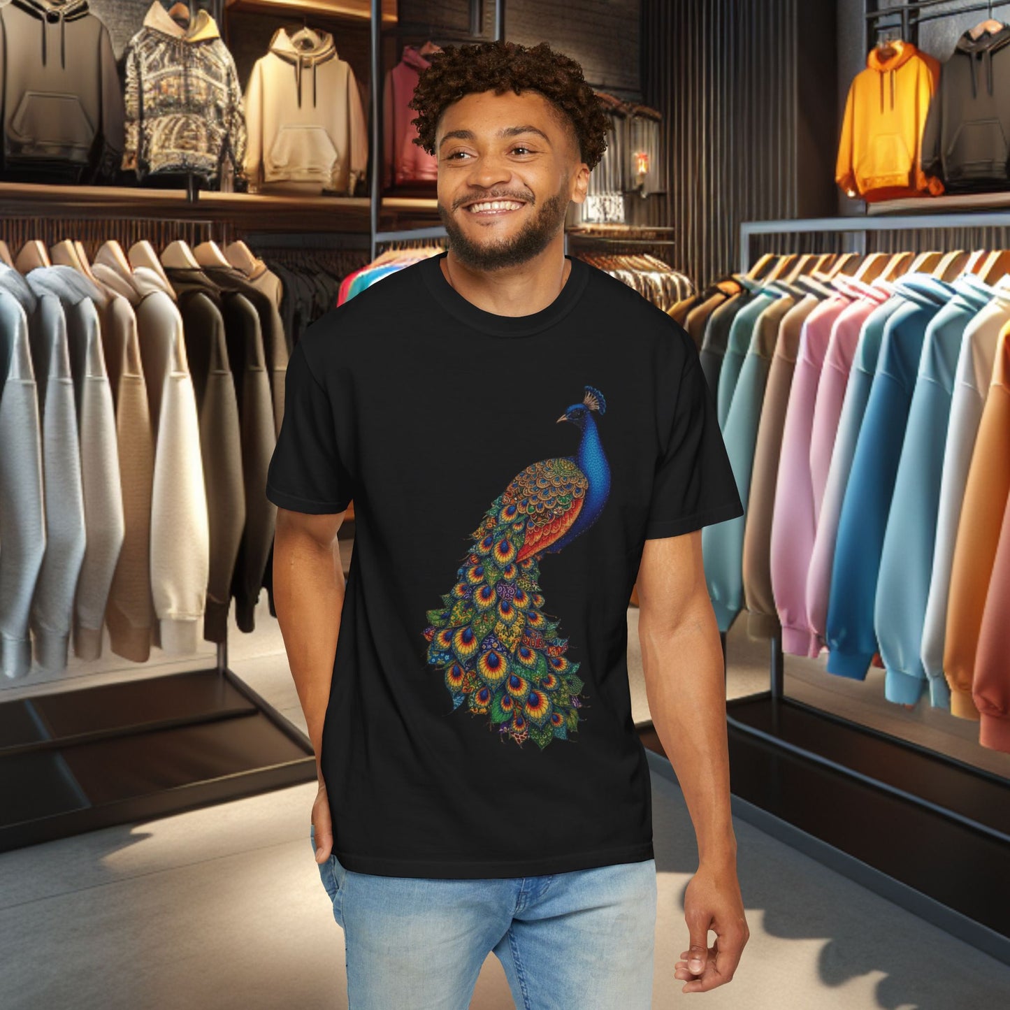 Patchwork Peacock, Garment-Dyed T-Shirt — pho Patchwork Festive Top