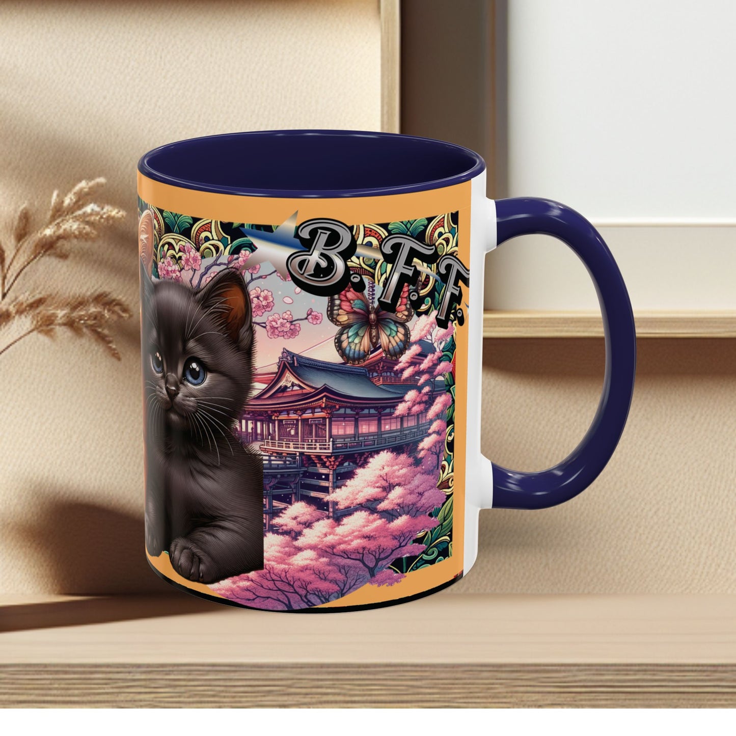 Mug - 3 B F F kittens and Butterflies Coffee Mug with Cherry Blossoms