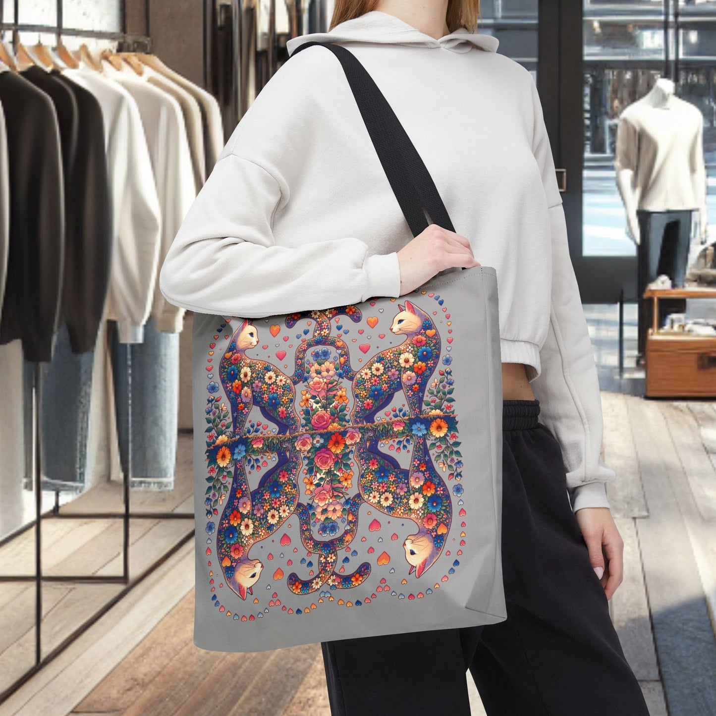 Mosaic Loving Cat Light Gray Tote Bag (AOP)