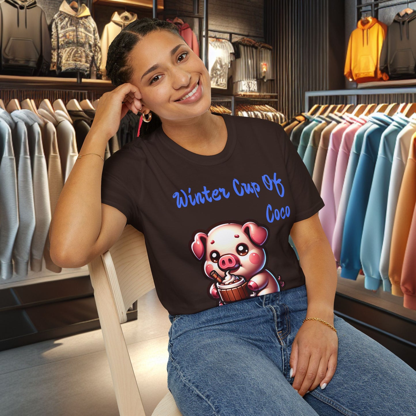 Pig Sipping on a Cup Of Coco Unisex T-Shirt - Winter Coco
