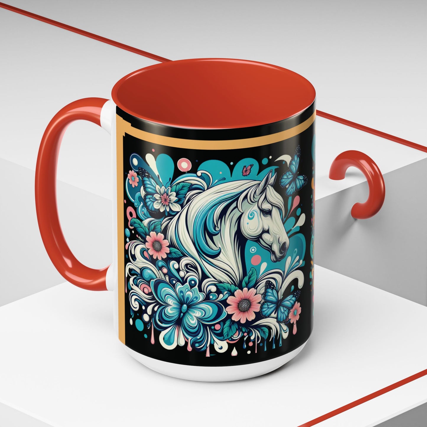 Coffee Mug White Horses with Blue Highlights in Flowers - Mug