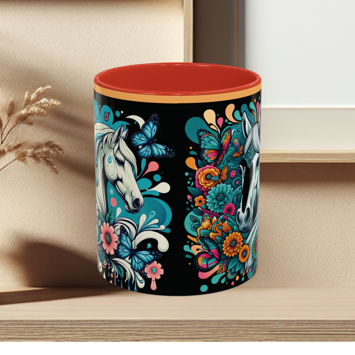 Coffee Mug White Horses with Blue Highlights in Flowers - Mug