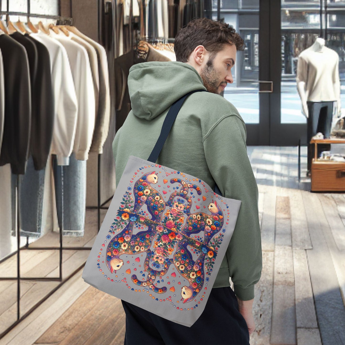 Mosaic Loving Cat Light Gray Tote Bag (AOP)