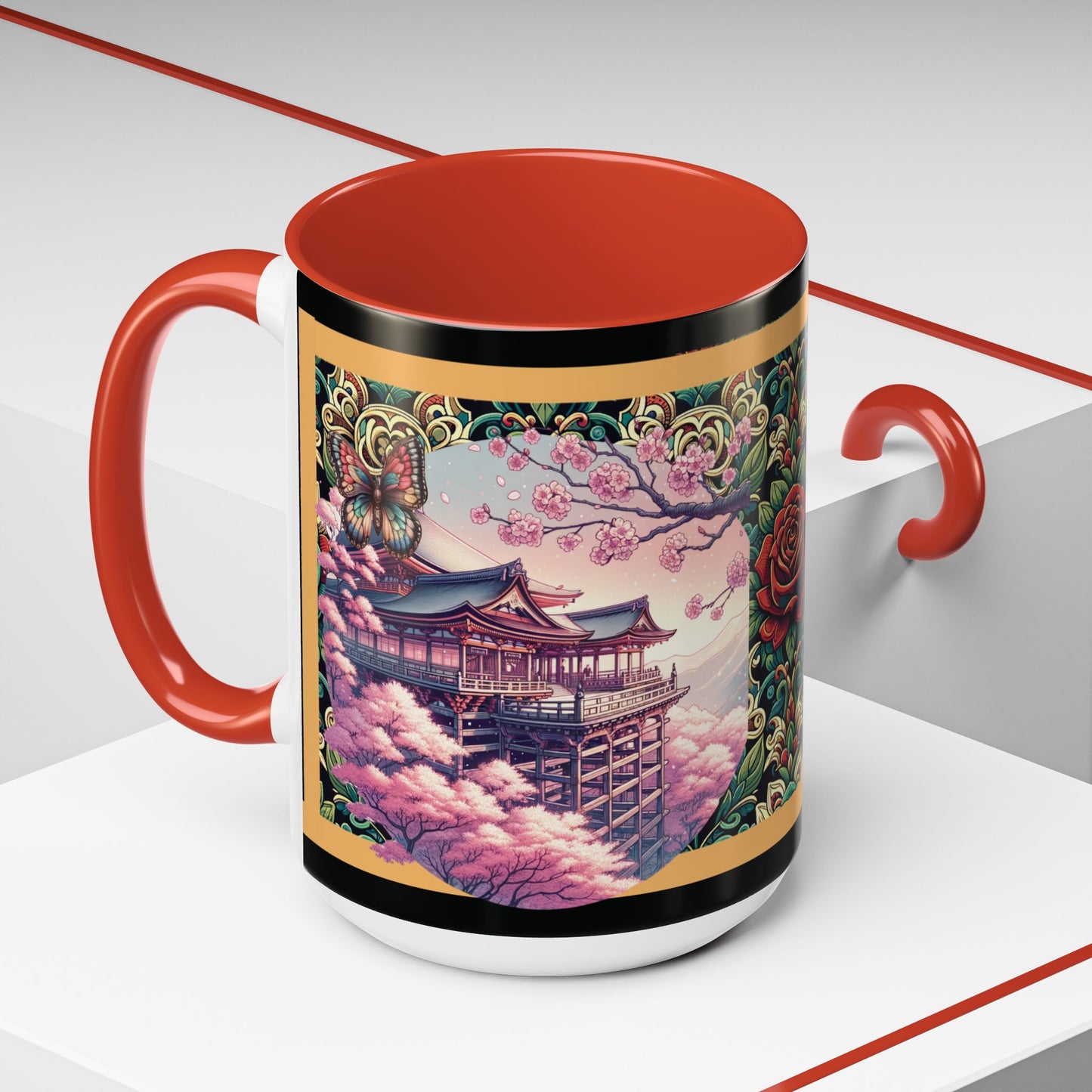 Mug - Sakura Butterfly Coffee Mug with Cherry Blossoms and a Rose