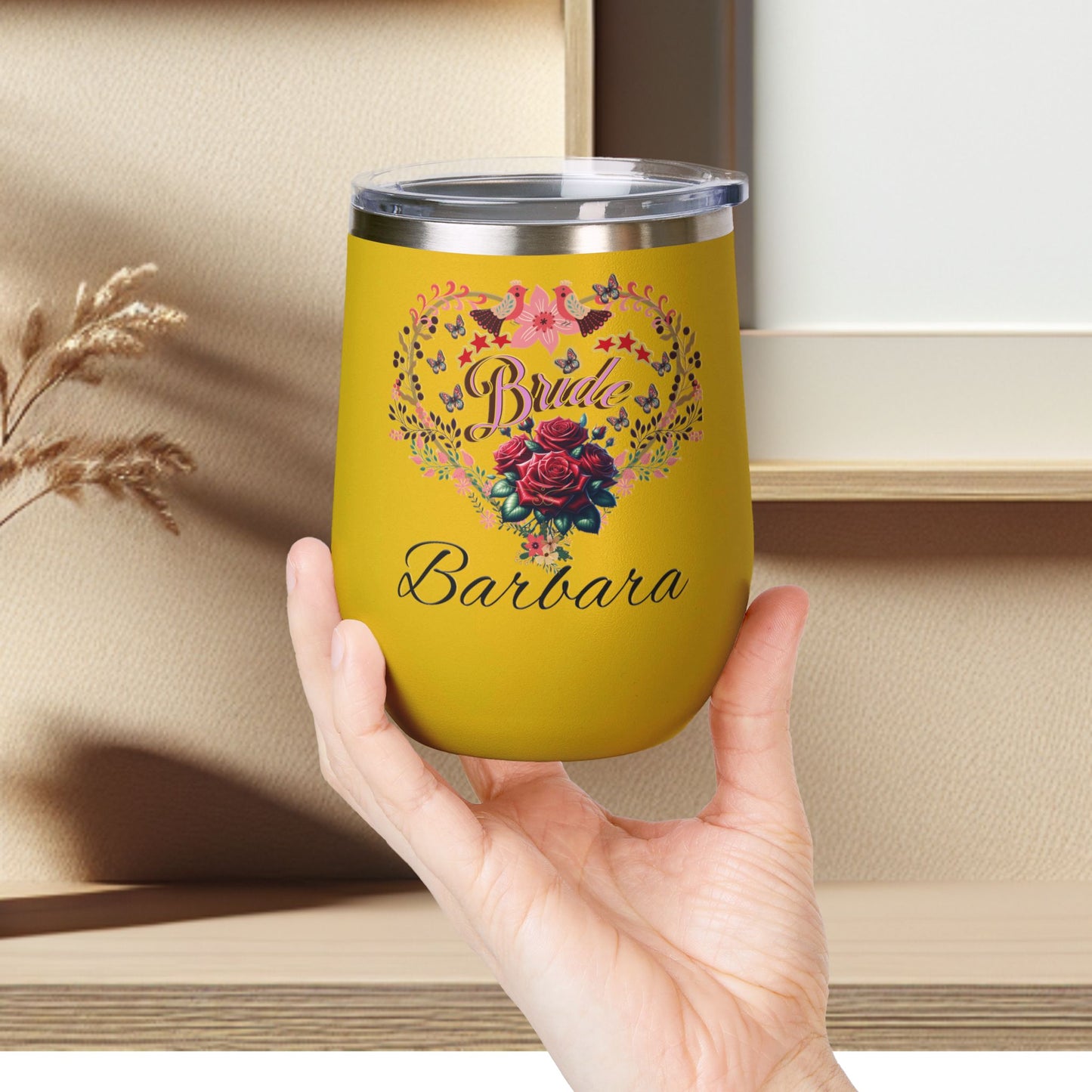 Personalized Bride's Heart Floral Wine 12oz Tumbler