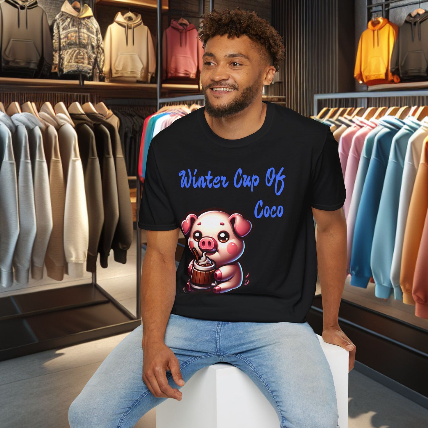 Pig Sipping on a Cup Of Coco Unisex T-Shirt - Winter Coco