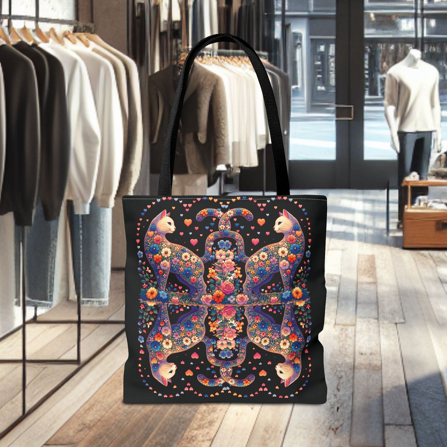 Mosaic Loving Cat Black Tote Bag (AOP)