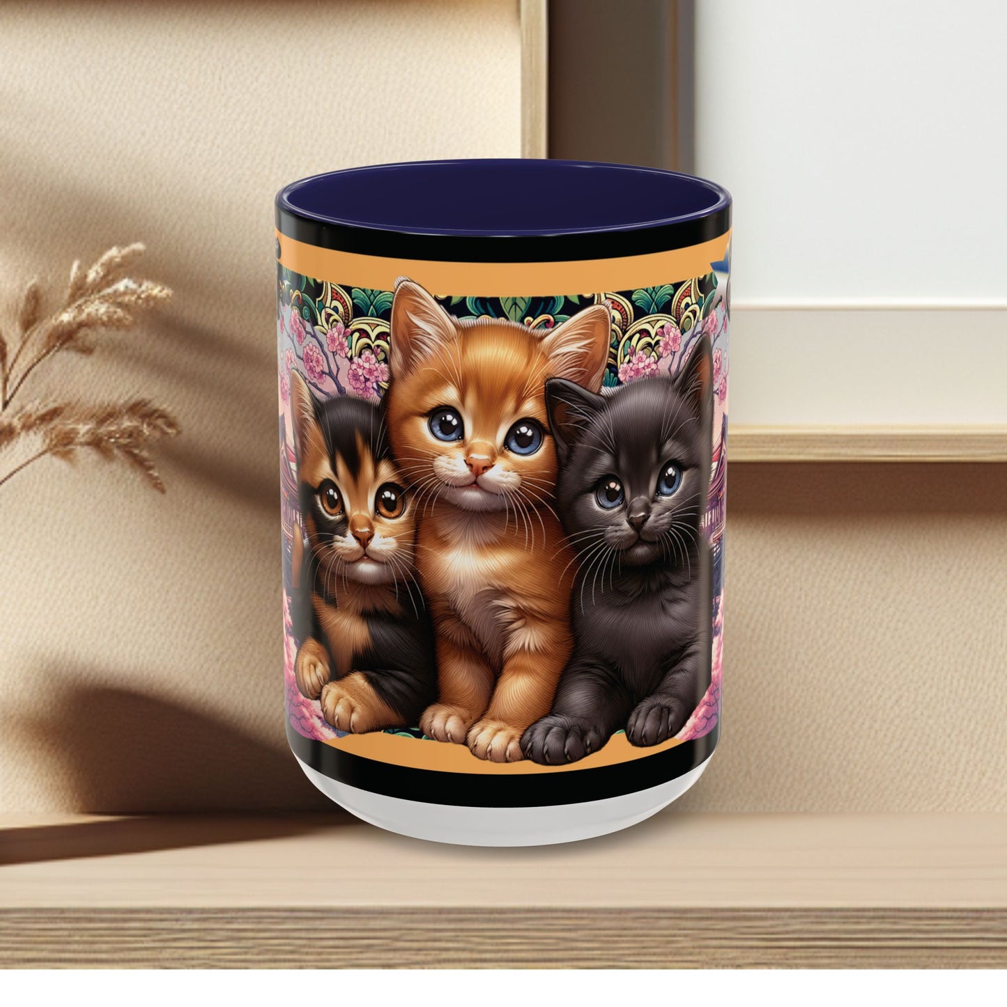 Mug - 3 B F F kittens and Butterflies Coffee Mug with Cherry Blossoms