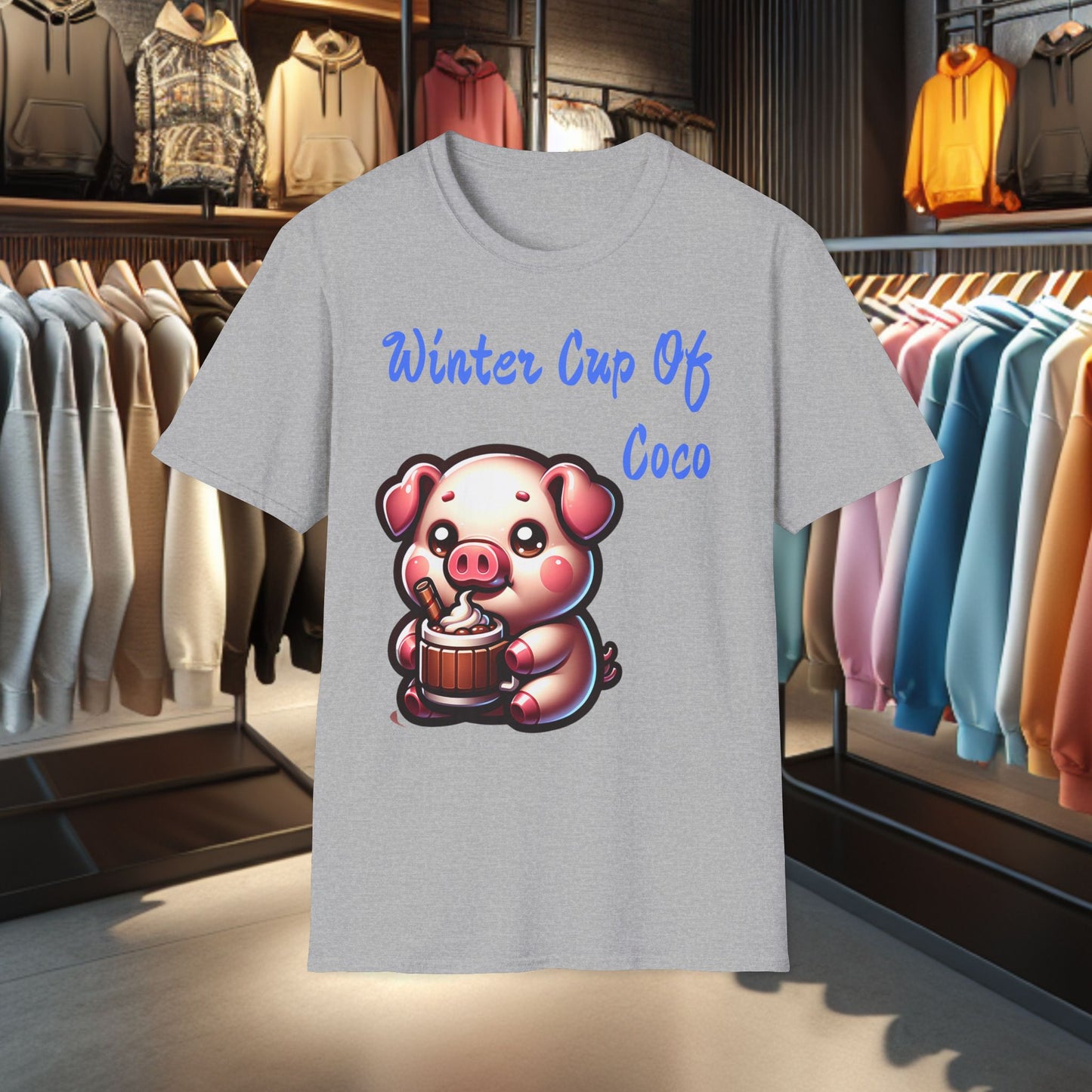Pig Sipping on a Cup Of Coco Unisex T-Shirt - Winter Coco