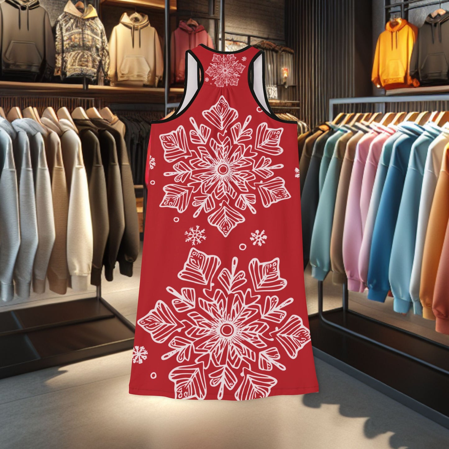 Racerback Dress — Festive Red Snowflake All-Over Print