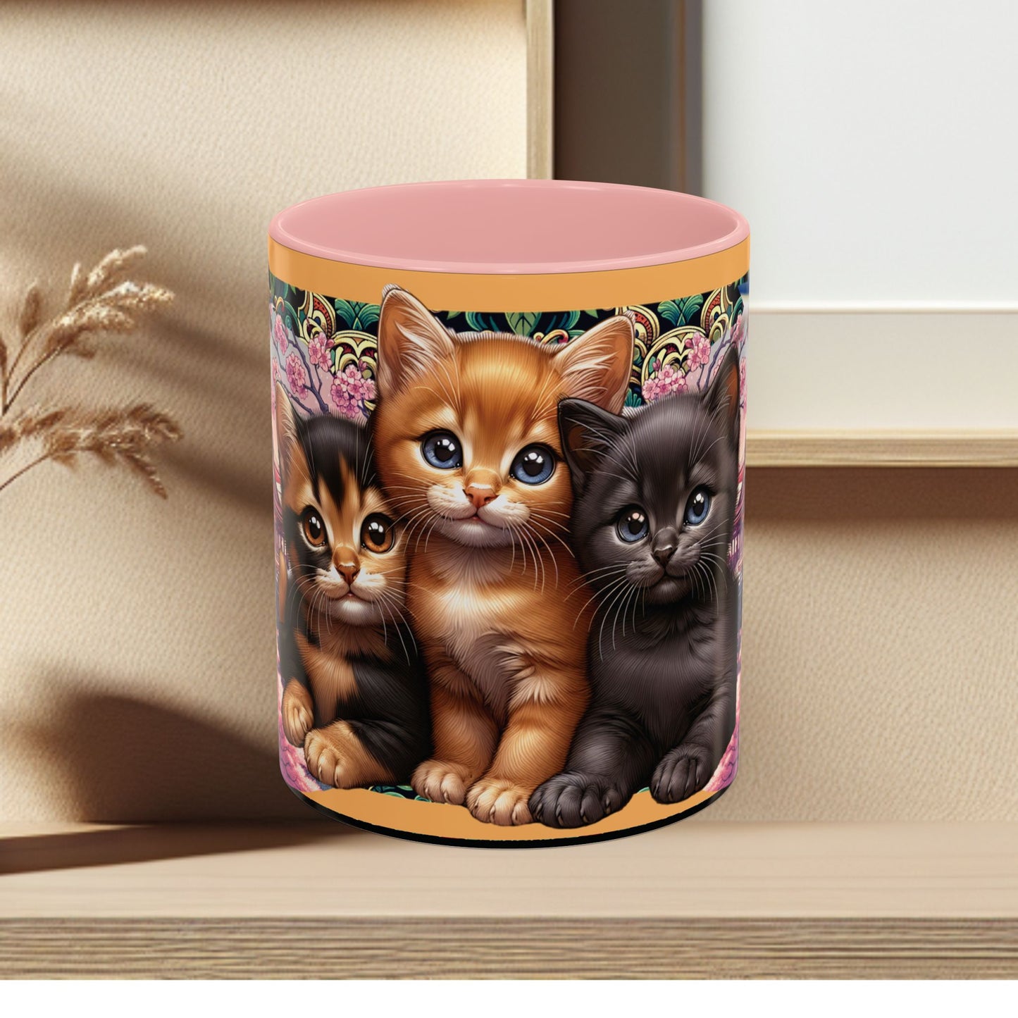 Mug - 3 B F F kittens and Butterflies Coffee Mug with Cherry Blossoms