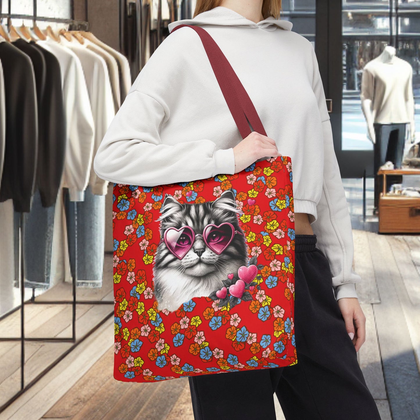 Kitty Ride Tote Bag with Flowered Red Design