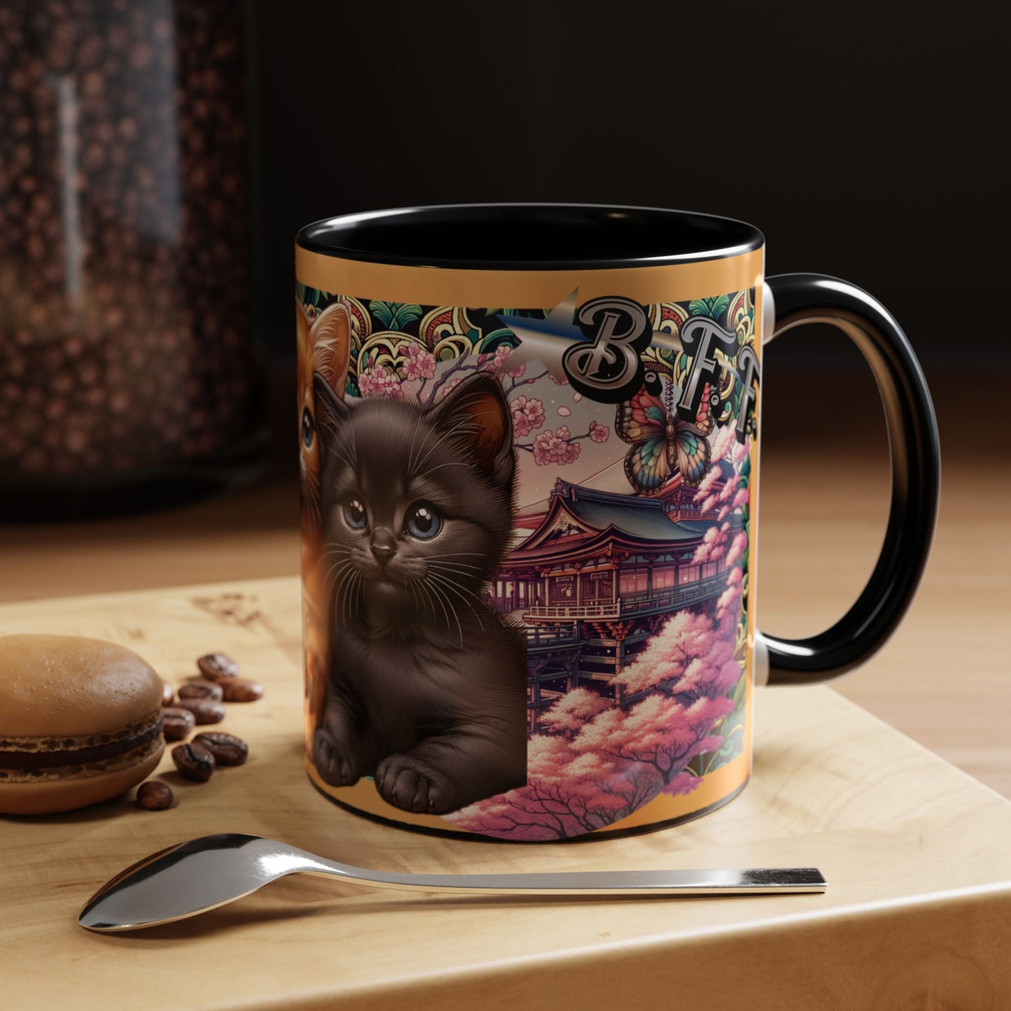 Mug - 3 B F F kittens and Butterflies Coffee Mug with Cherry Blossoms
