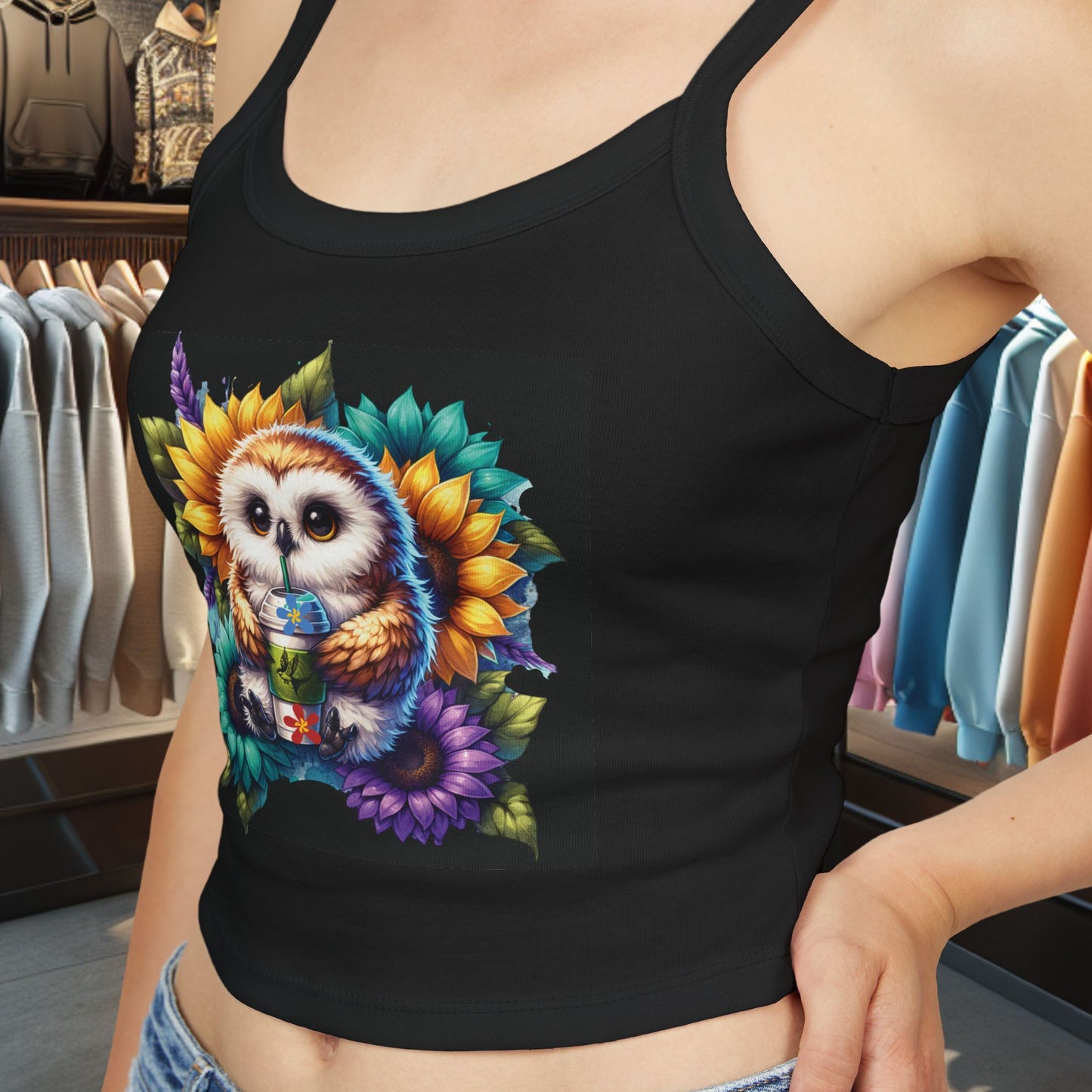 Owl With a Water Bottle Floral Tank Top - Women's Spaghetti Strap