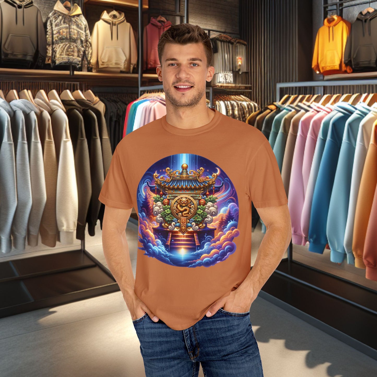 A Vibrant Mistic Temple Design -Unisex Garment-Dyed T-Shirt Perfect for Festivals & Everyday Wear