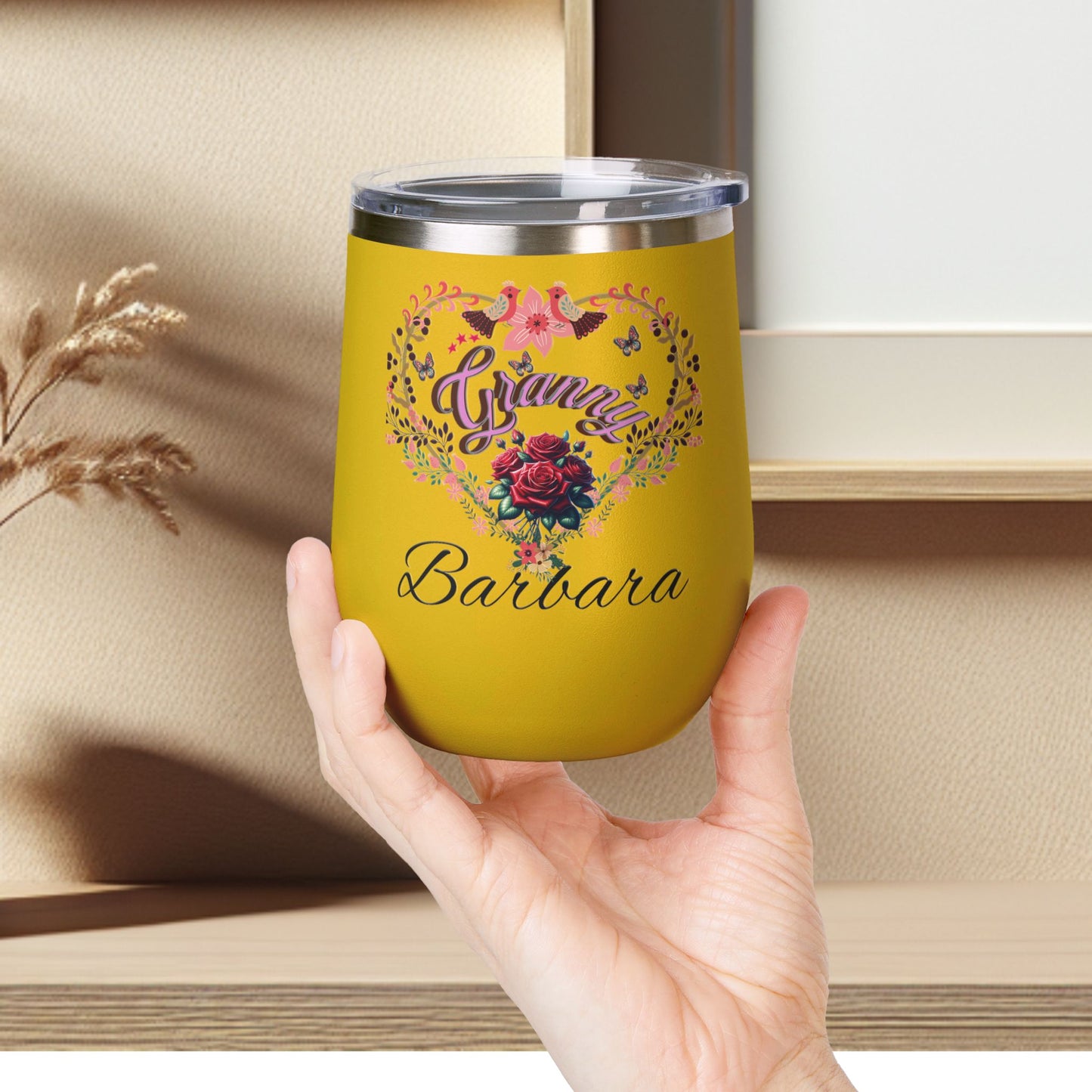 Personalized Grannie’s Wine Tumbler - 12oz Floral Heart Design