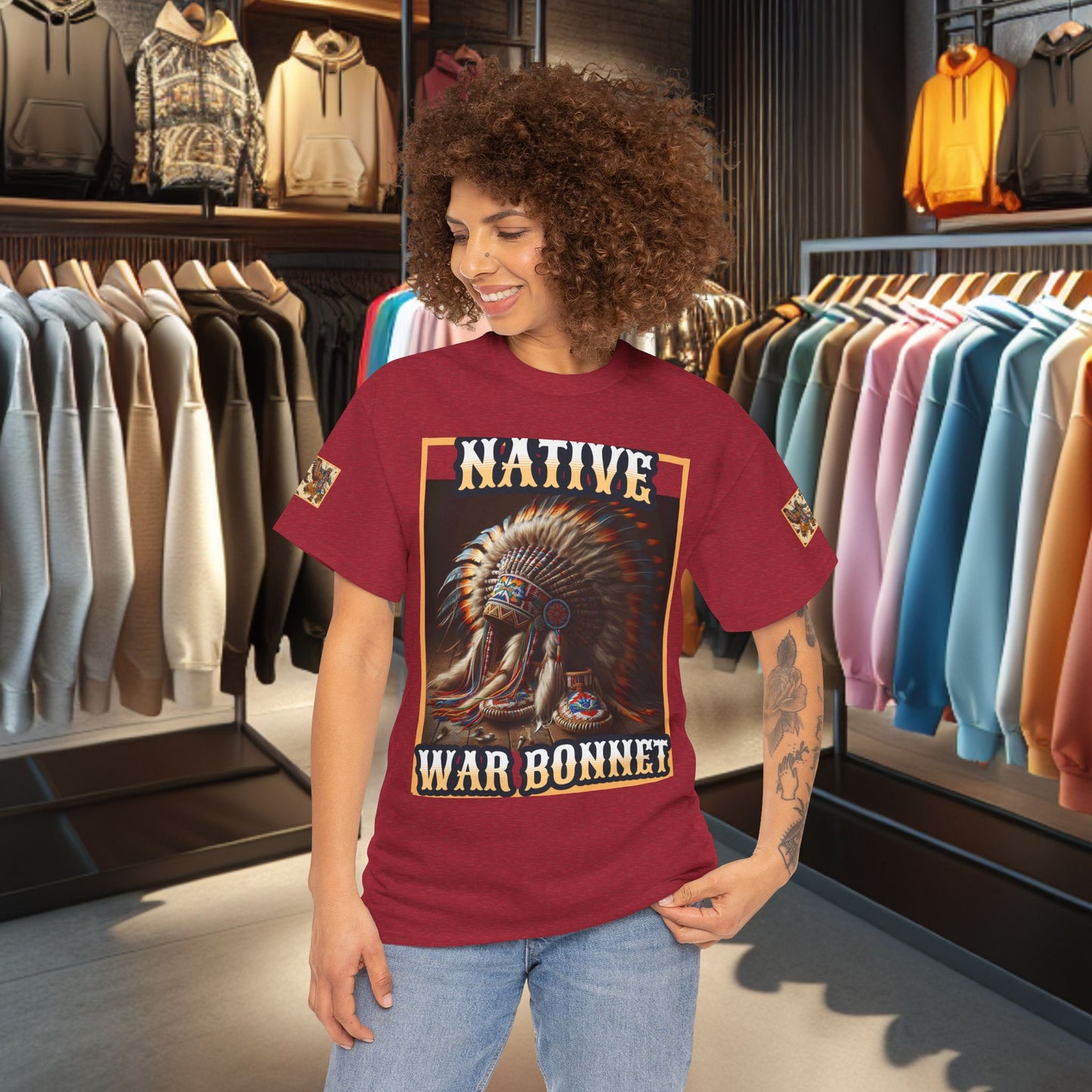 Unisex Cotton Tee - Native War Bonnet -Heavy Cotton Tee-