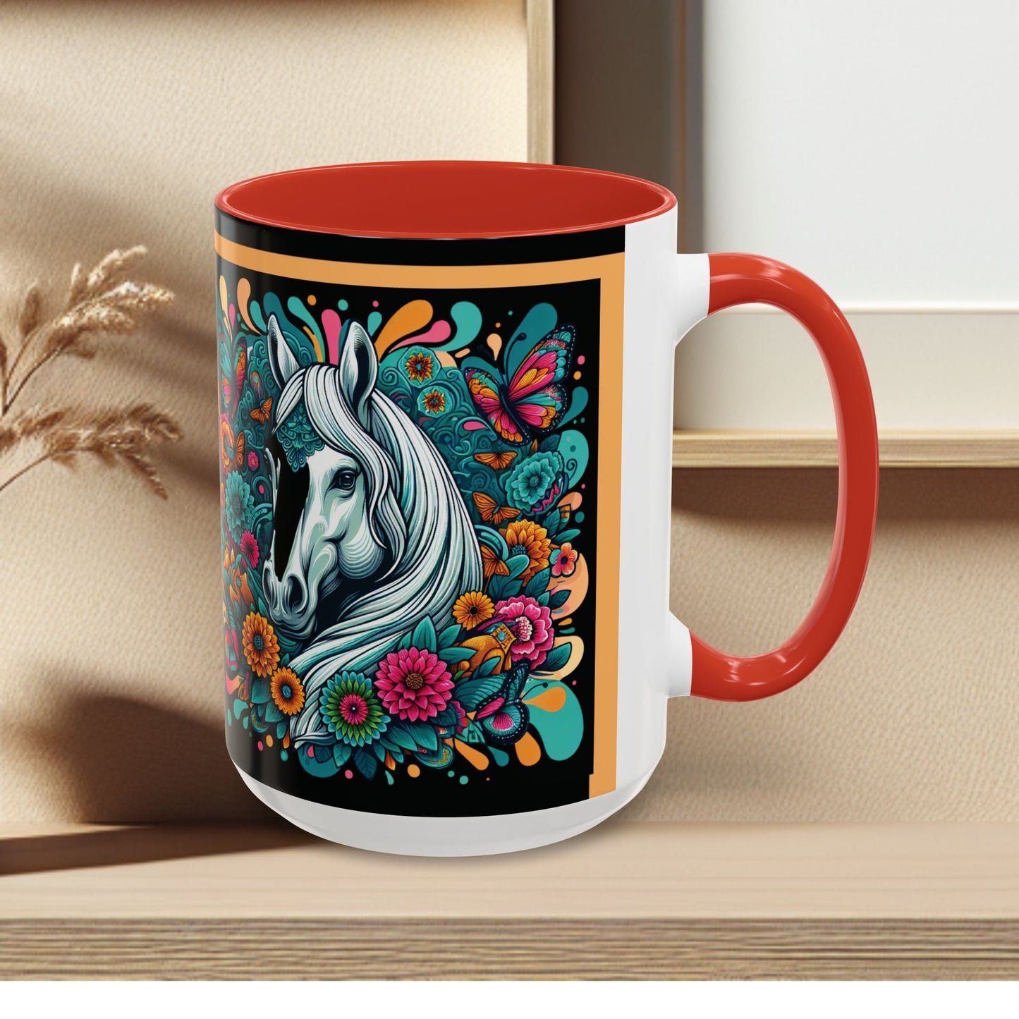 Coffee Mug White Horses with Blue Highlights in Flowers - Mug