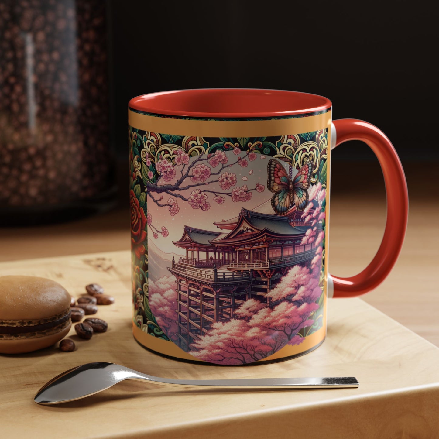 Mug - Sakura Butterfly Coffee Mug with Cherry Blossoms and a Rose