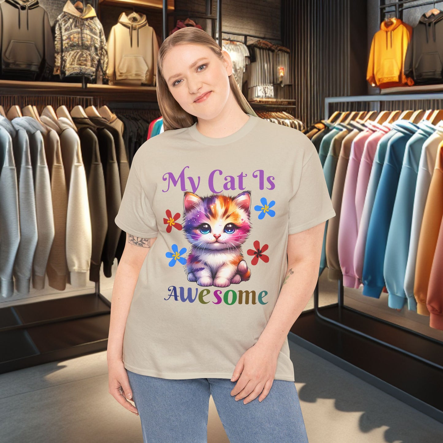 Awesome Cat Heavy Cotton Tee | Cat Lover Gift | Colorful Fun Shirt | Cute Animal Apparel | Perfect for Birthdays & Pet Lovers