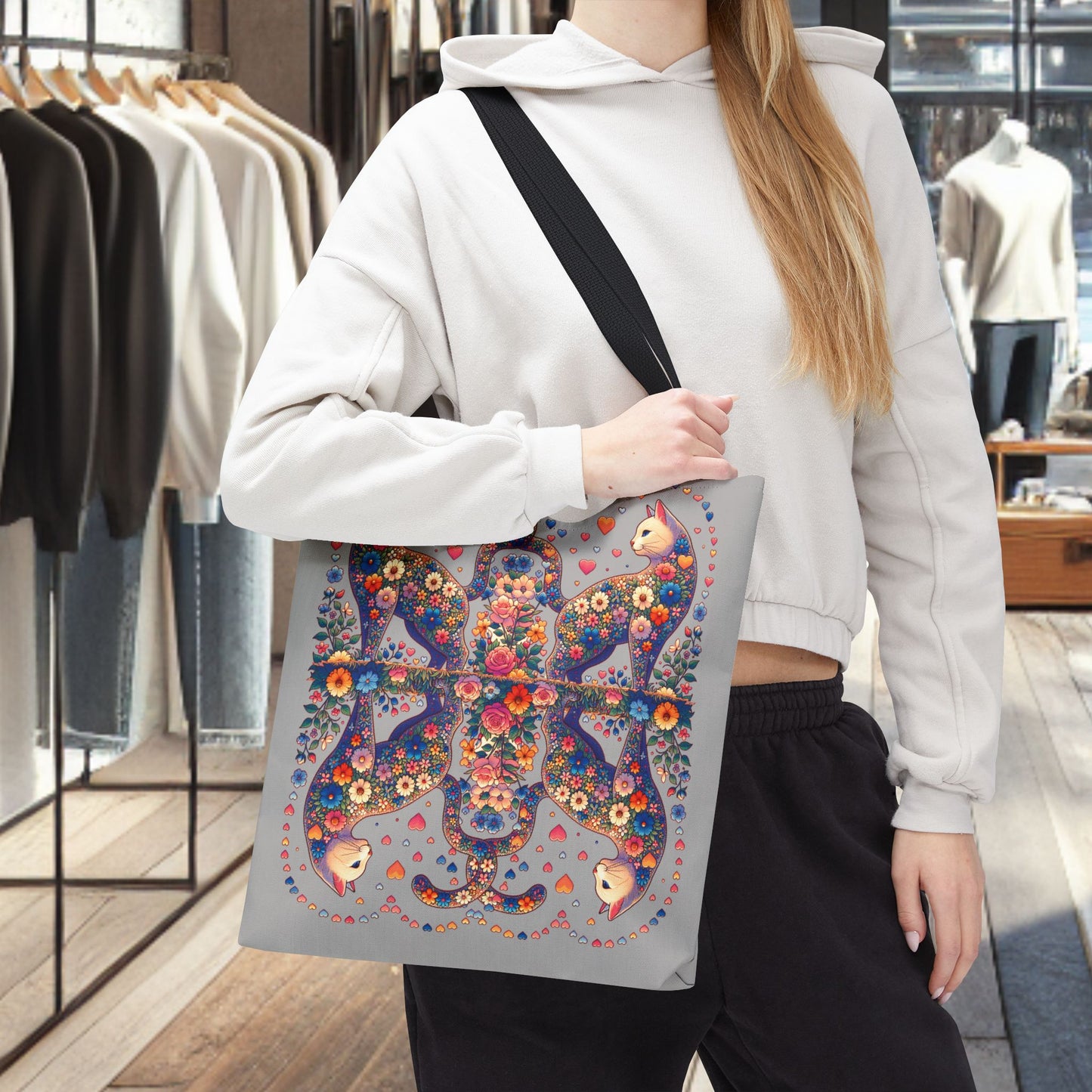Mosaic Loving Cat Light Gray Tote Bag (AOP)