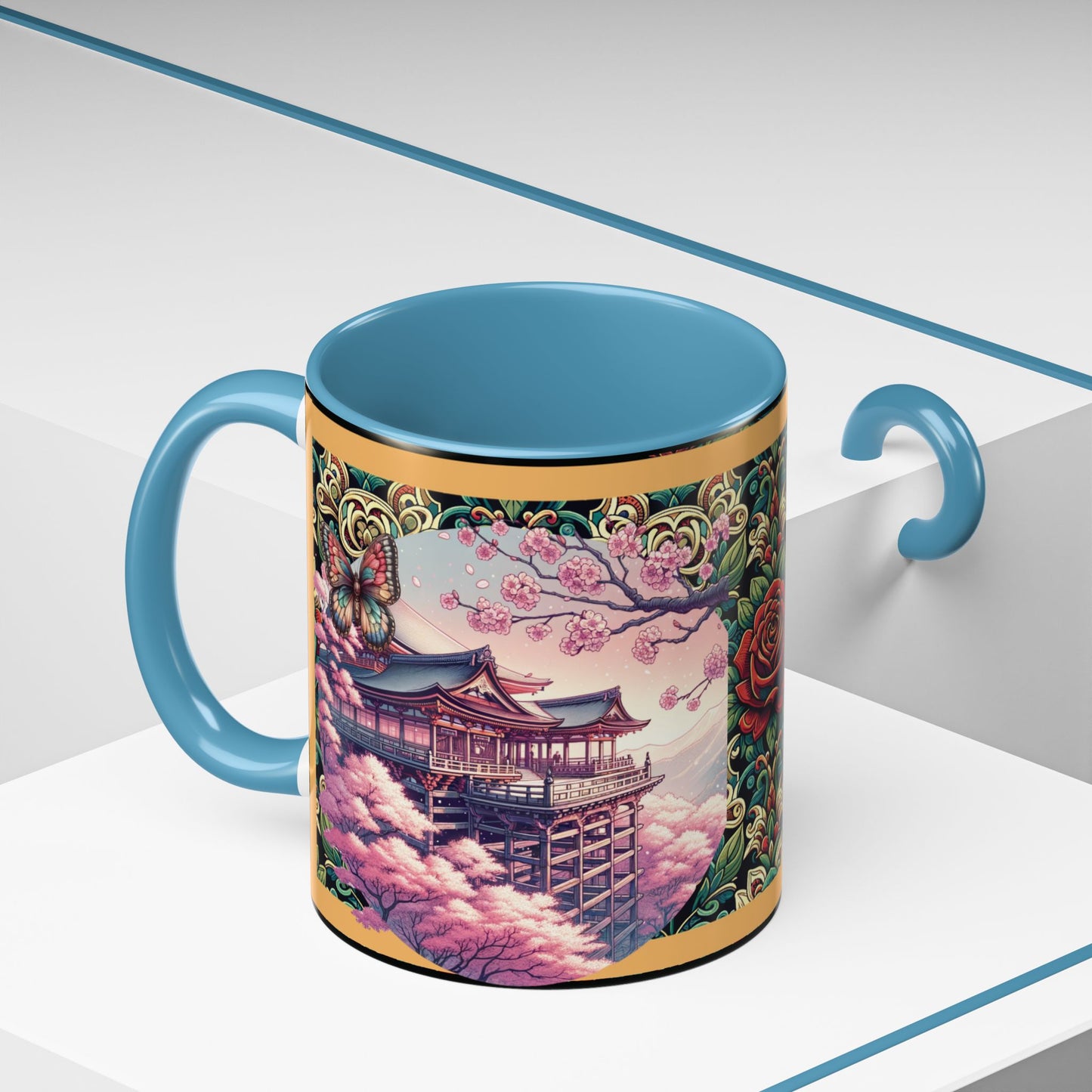 Mug - Sakura Butterfly Coffee Mug with Cherry Blossoms and a Rose