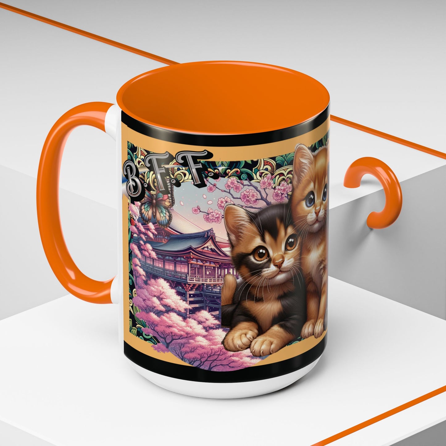 Mug - 3 B F F kittens and Butterflies Coffee Mug with Cherry Blossoms