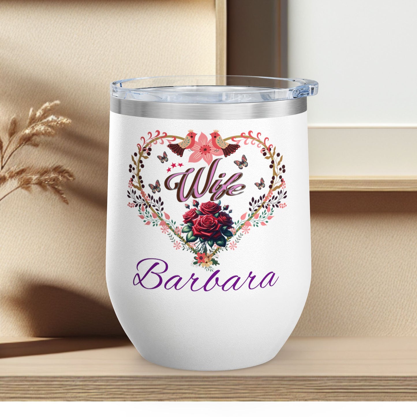 Personalized Wife’s Wine Tumbler - 12oz Floral Heart Design