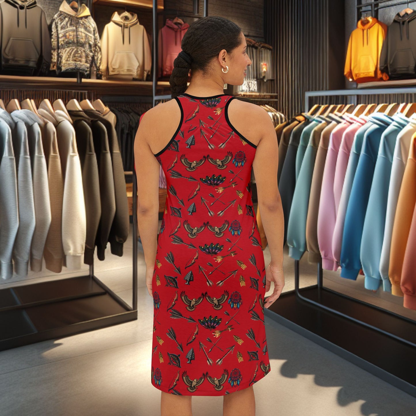 Native Hunting Print Racerback Dress Red