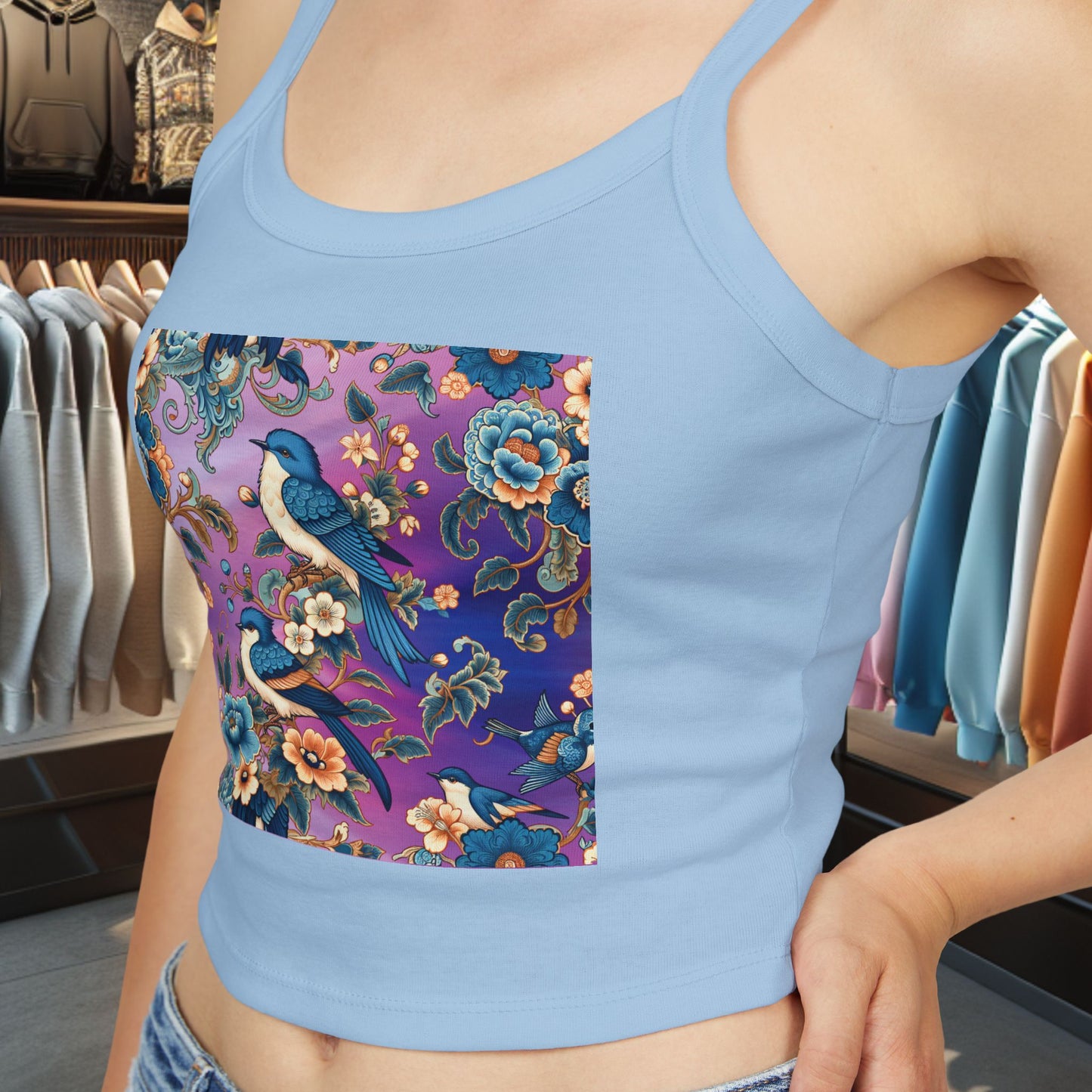 Tank Top Blue Birds in a Flower Garden Women's Spaghetti Strap