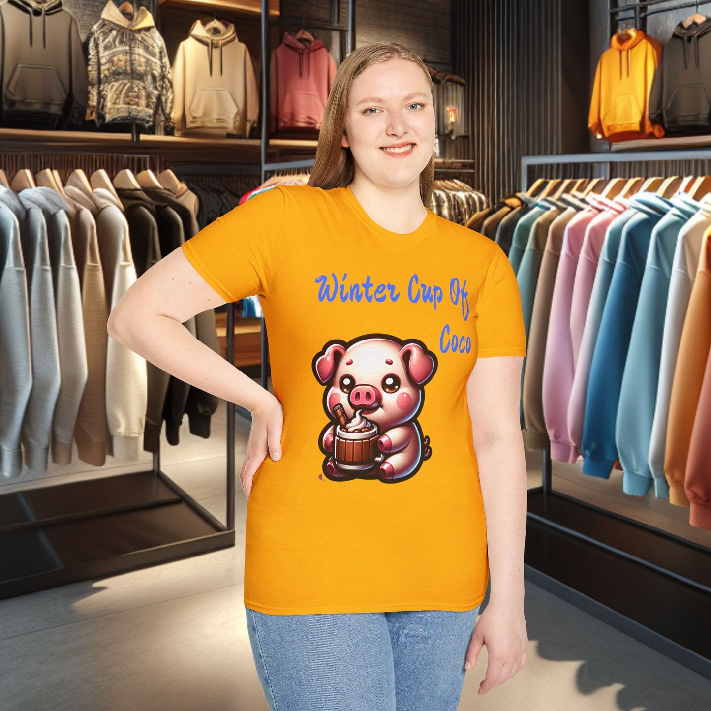 Pig Sipping on a Cup Of Coco Unisex T-Shirt - Winter Coco