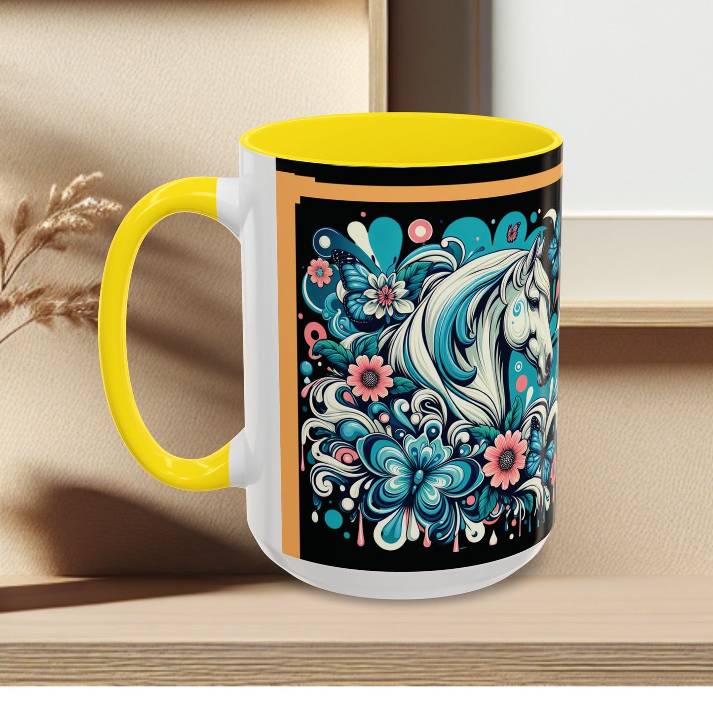 Coffee Mug White Horses with Blue Highlights in Flowers - Mug
