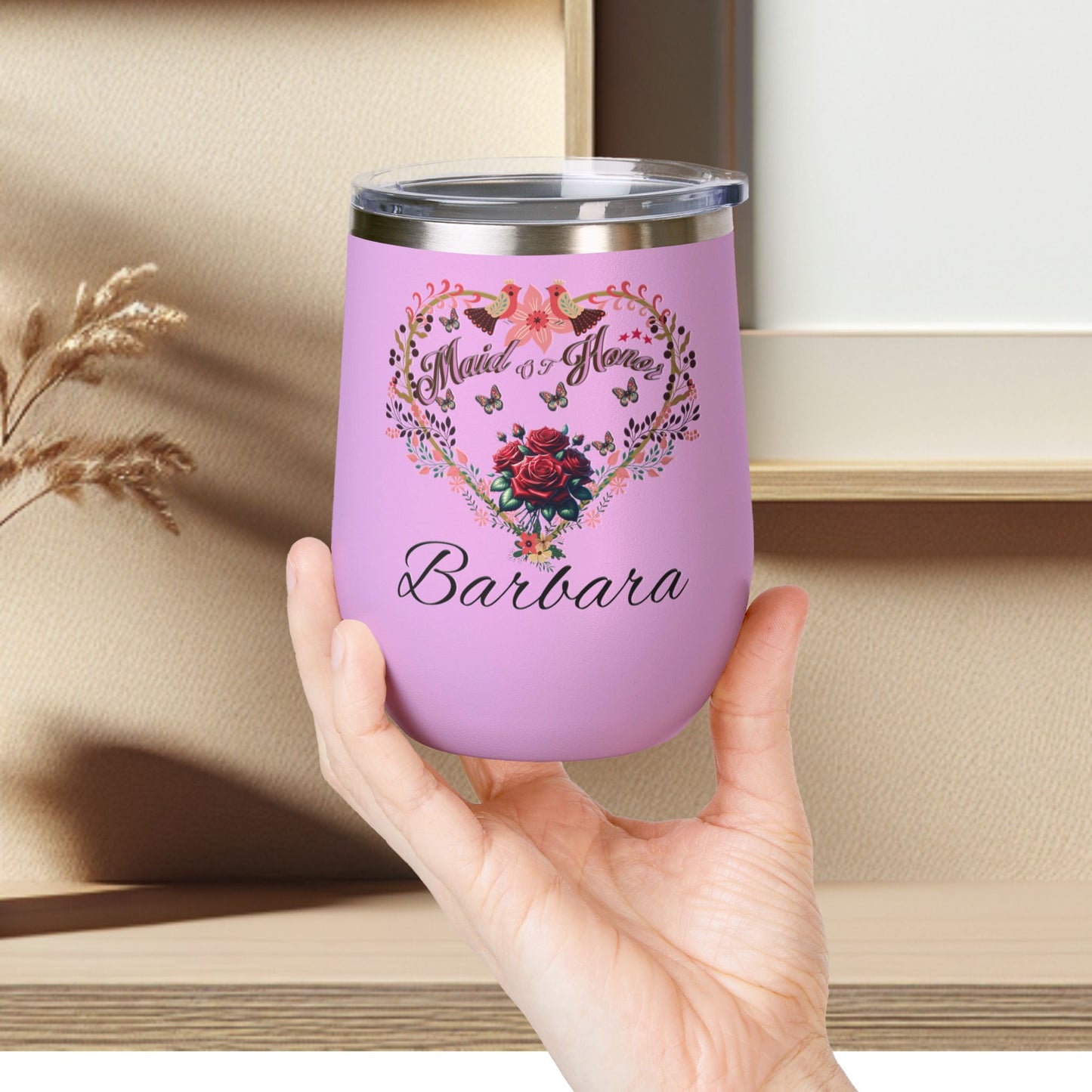 Personalized Maid of honor's Heart Floral Wine Tumbler