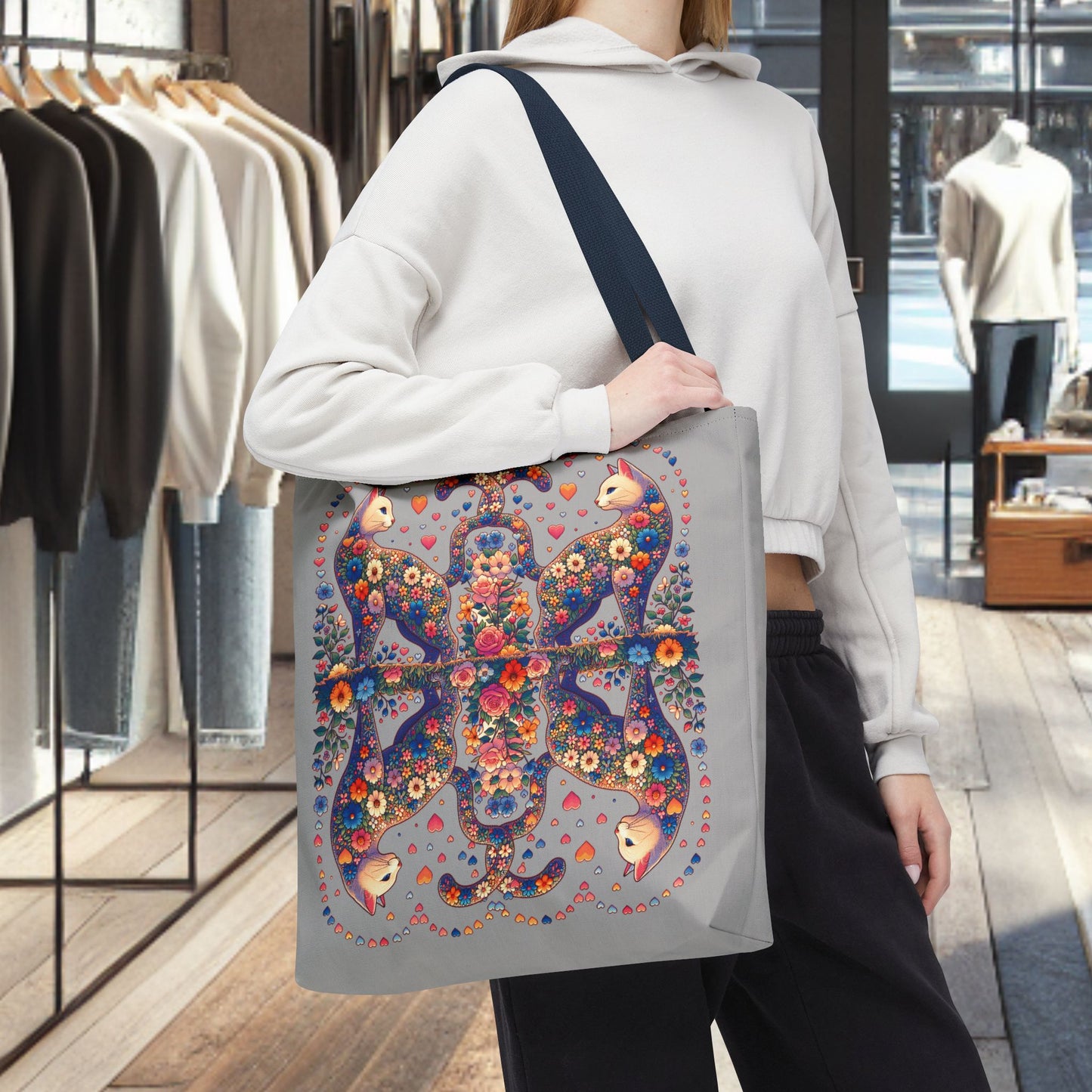 Mosaic Loving Cat Light Gray Tote Bag (AOP)
