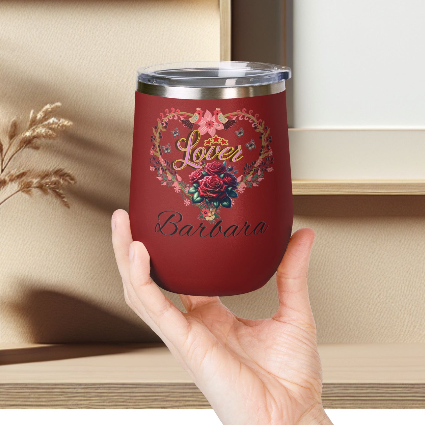 Personalized Lover's Floral Heart Wine Tumbler, 12oz