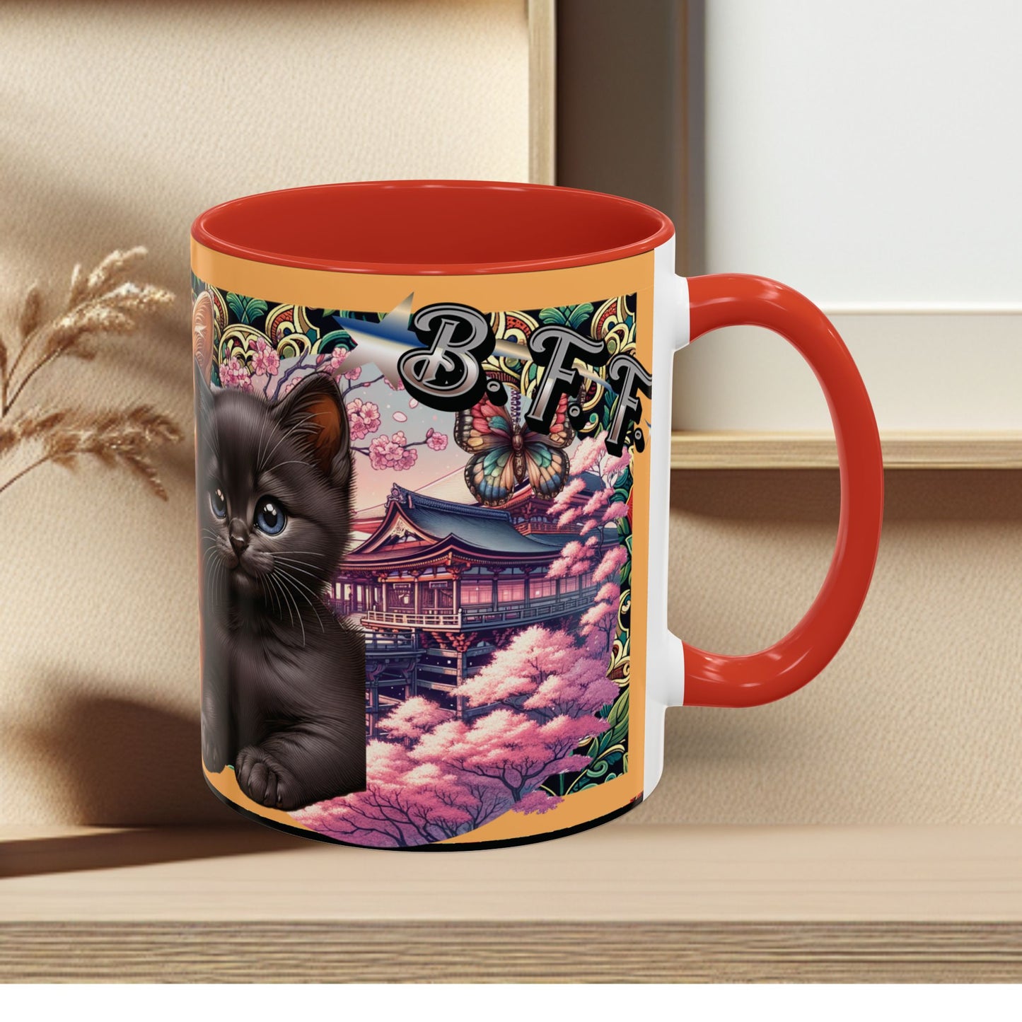 Mug - 3 B F F kittens and Butterflies Coffee Mug with Cherry Blossoms