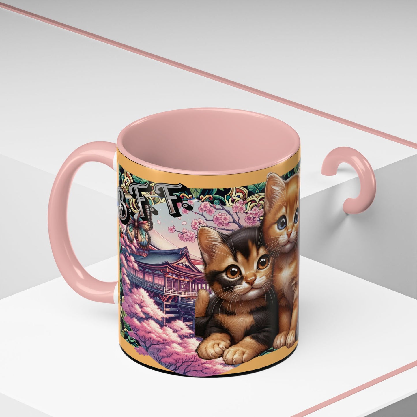 Mug - 3 B F F kittens and Butterflies Coffee Mug with Cherry Blossoms