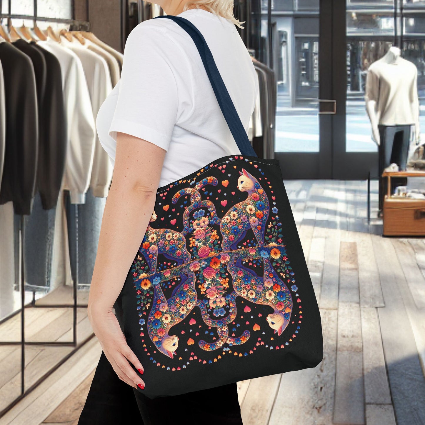 Mosaic Loving Cat Black Tote Bag (AOP)