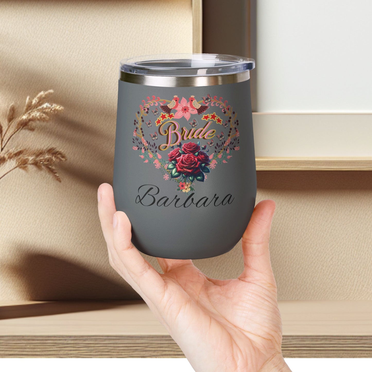 Personalized Bride's Heart Floral Wine 12oz Tumbler