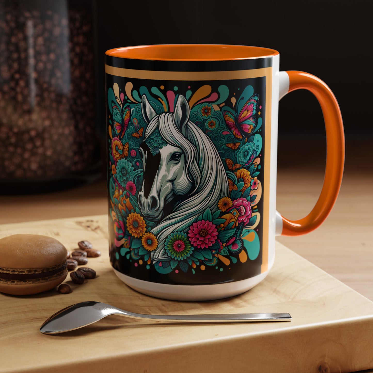 Coffee Mug White Horses with Blue Highlights in Flowers - Mug