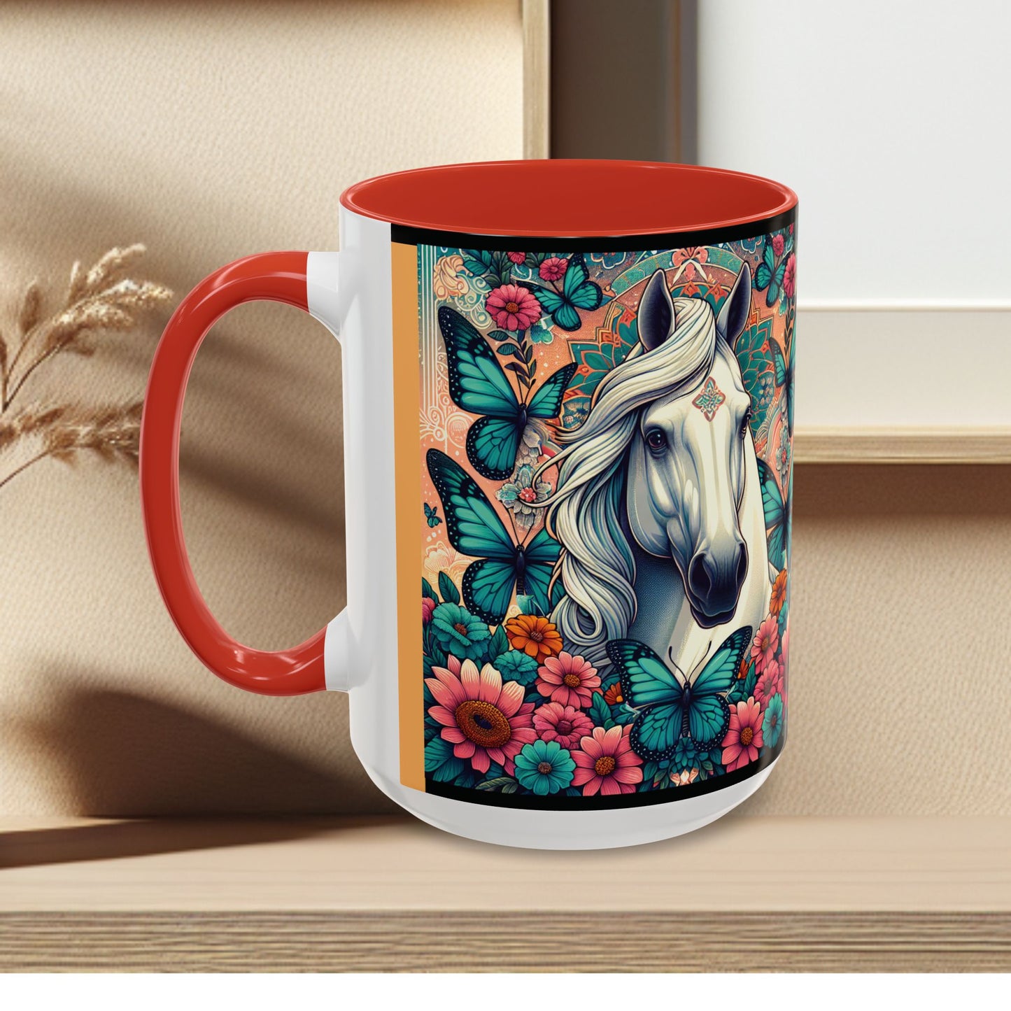 Coffee Mug Horses, Flowers, and Butterflies Mug