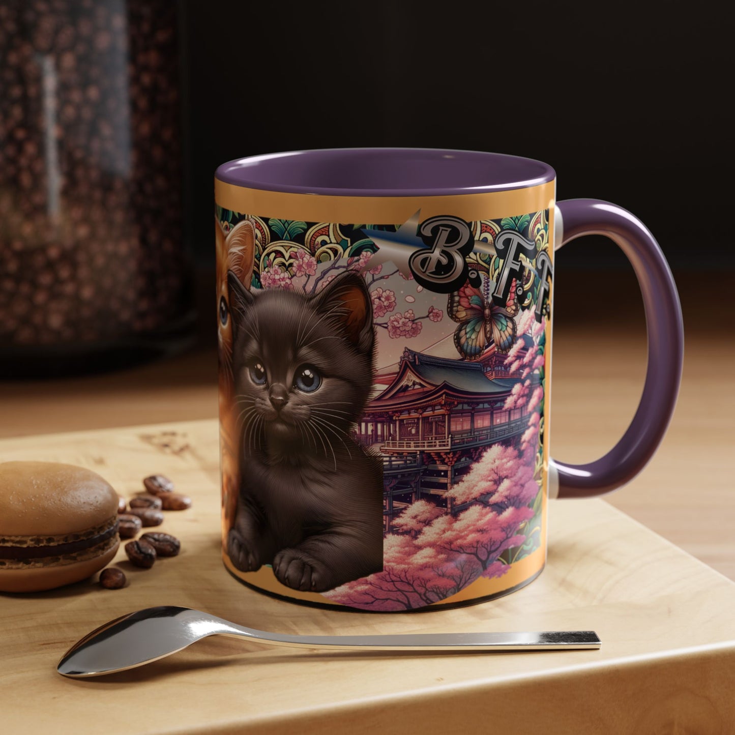 Mug - 3 B F F kittens and Butterflies Coffee Mug with Cherry Blossoms