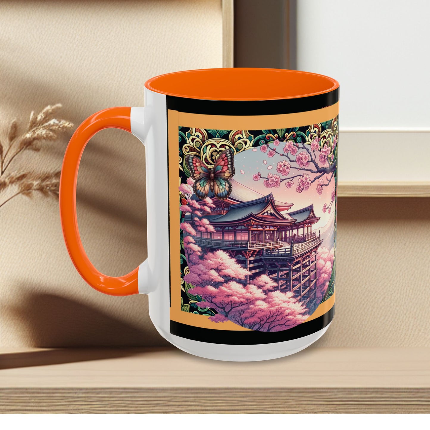 Mug - Sakura Butterfly Coffee Mug with Cherry Blossoms and a Rose