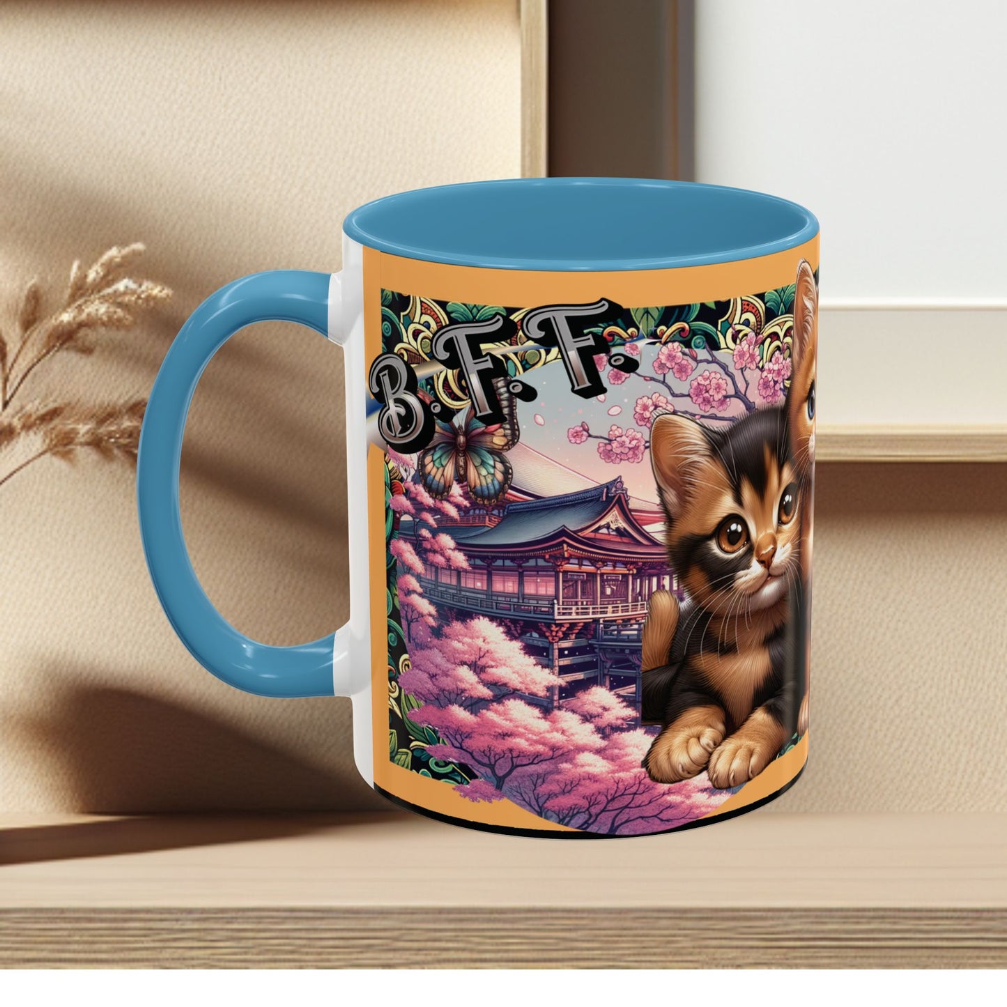 Mug - 3 B F F kittens and Butterflies Coffee Mug with Cherry Blossoms
